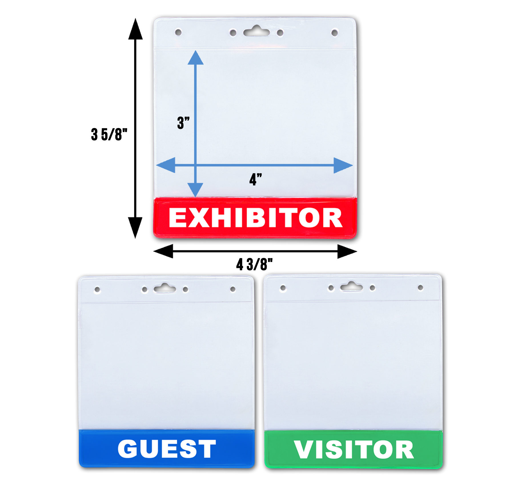 Premium Vinyl Badge Holders for Exhibitors, Guests & Visitors: Pre-Printed & Clear - Fits 4”(W) x 3”(L) Cards