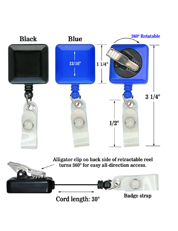 360° Rotating Square Badge Reel with 30” Retractable Cord & Secure Alligator Clip – Available in Black & Royal Blue