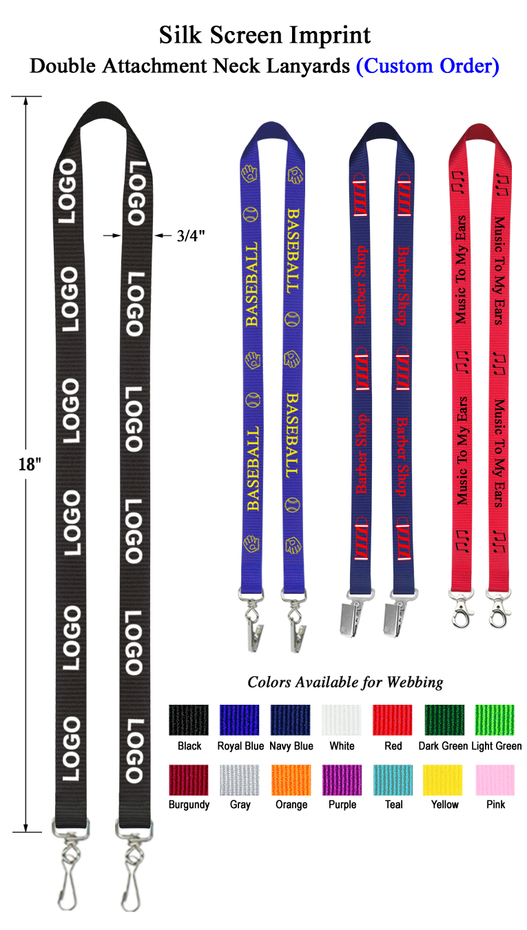 3/4" Silk Screen Double Attachment Custom Lanyard - Front Side 1 Color Print