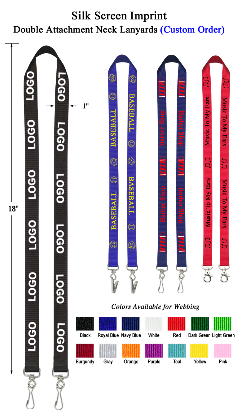 1" Silk Screen Double Attachment Custom Lanyard - Front Side 1 Color Print