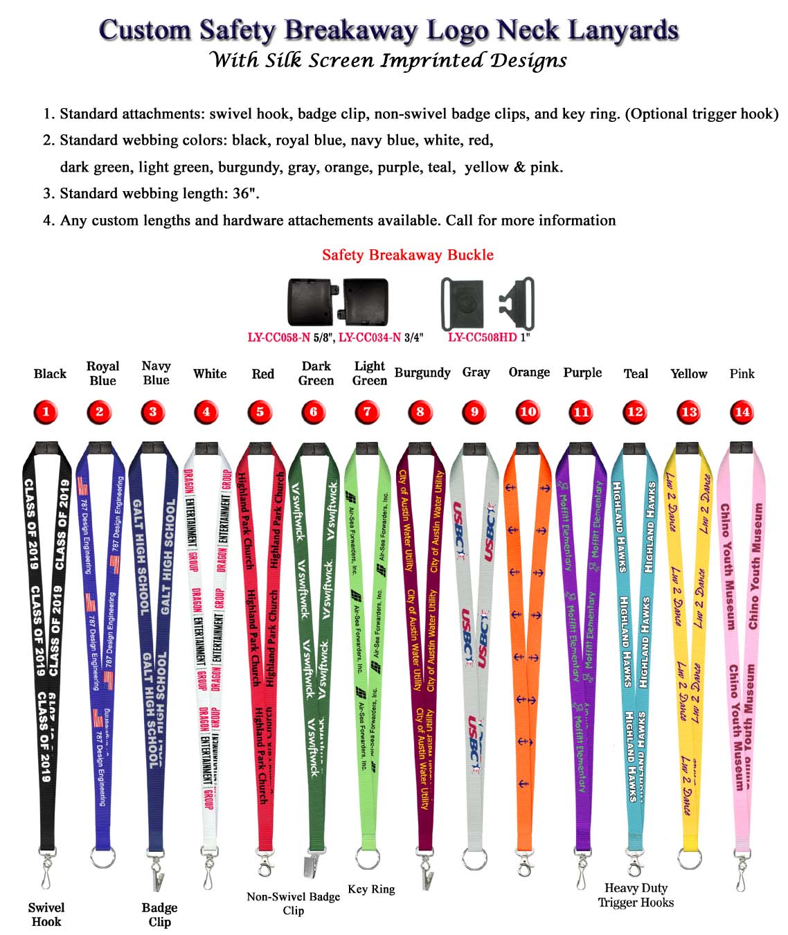 5/8" Silk Screen Safety Custom Logo Lanyard - Front Side 1 Color Print