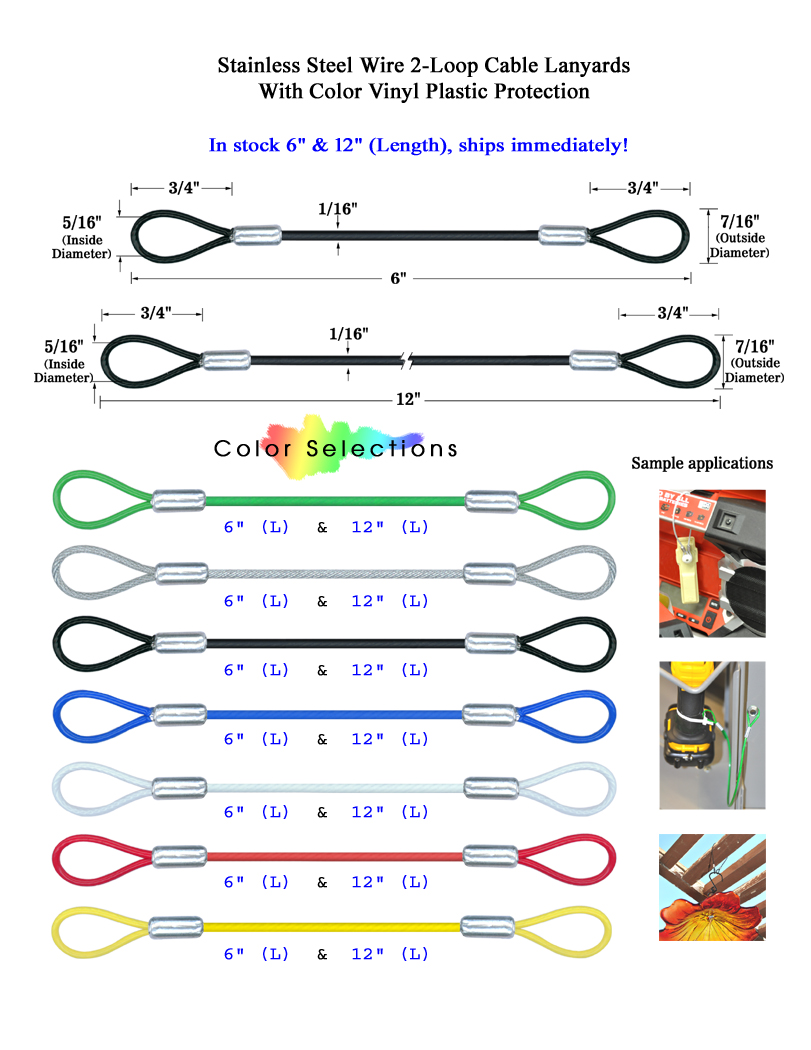 Multipurpose Vinyl-Coated Stainless Steel Security Cable with Loops – Available in 7 Colors – 1/16" x 6"/12" - Ideal for Secure Hanging & Fastening