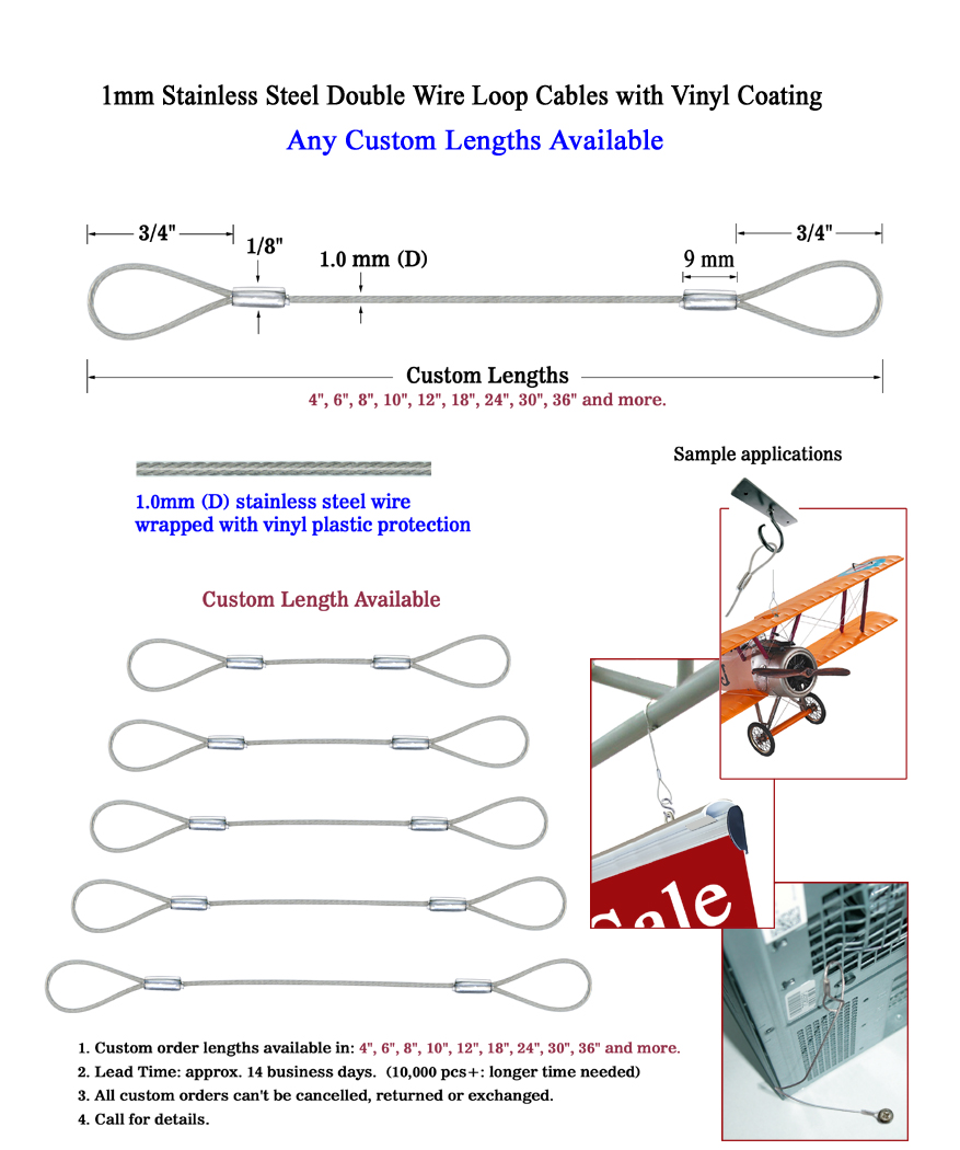 1mm Thick Custom Length Vinyl Coated Stainless Steel Wire Cable with Loops