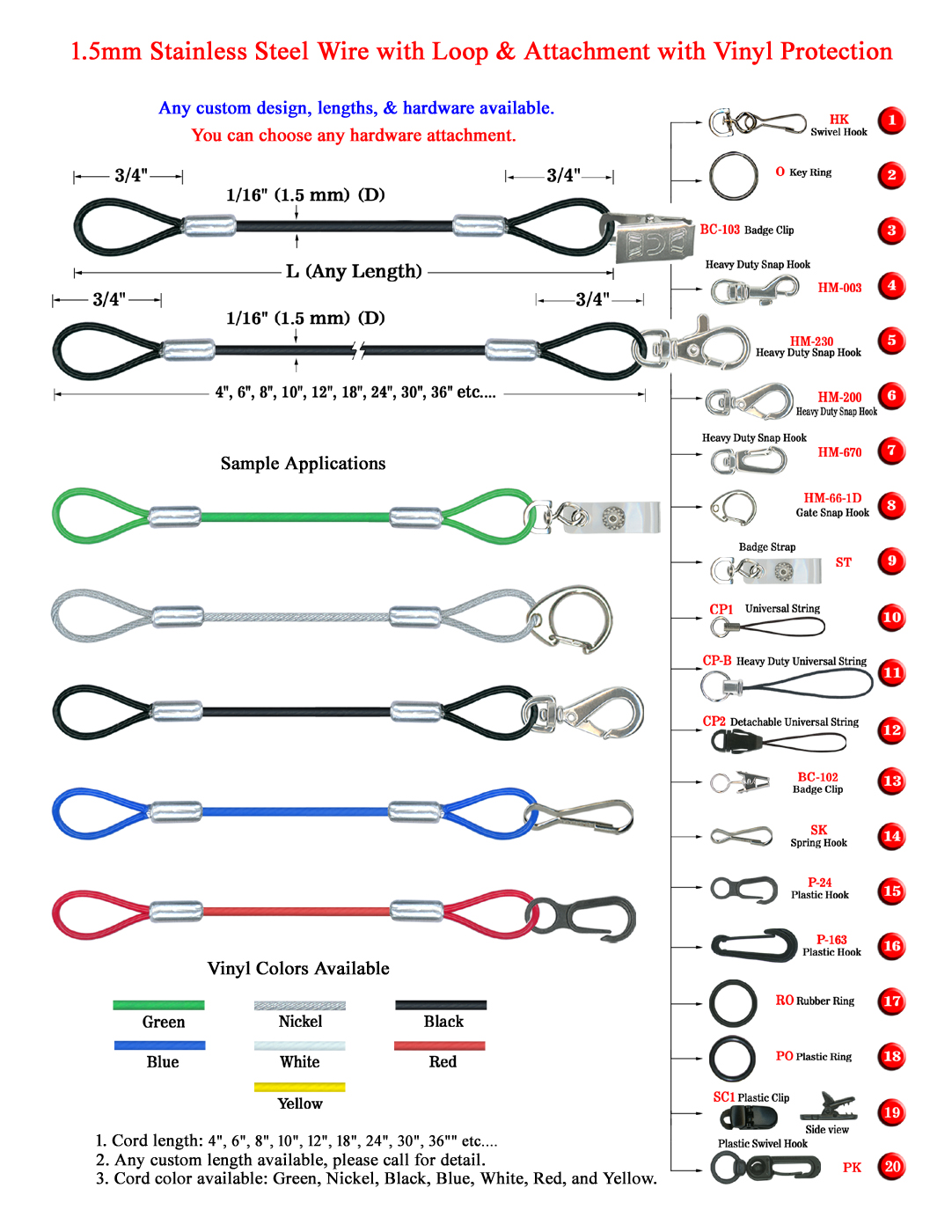 Custom Length Single Attachment Vinyl Coated Steel Wire Cable with Hardware Accessories 1.5mm