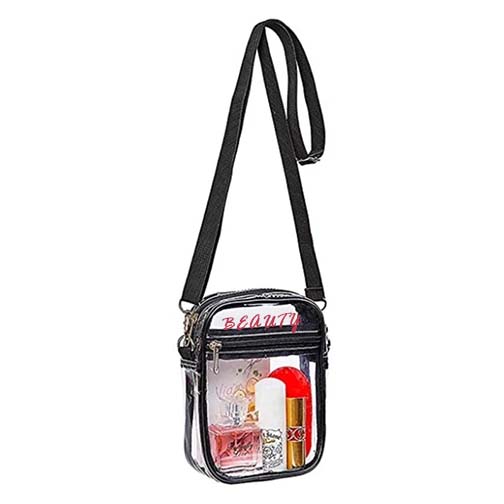 Custom Transparent PVC Shoulder Bag with Adjustable Strap and Detachable Hook - BLACK